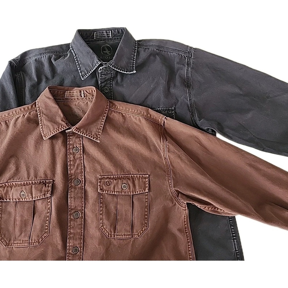 Lot 2 Aigle Men's Large Heavy Cotton 2-Pocket Brown & Black Button Long Sleeve